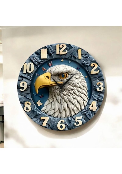 AA Shop Renkli Baskı Kartal Hayvan Desenli Sayılı Hediyelik Ahşap Sessiz Duvar Saati 50cm ÇOk Renkli