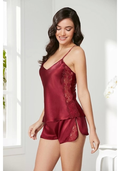 Pierre Cardin Saten Dantelli Şort & Kombi Takım 438 Bordo