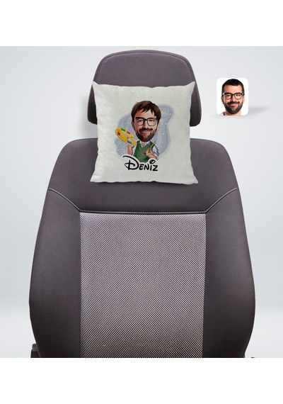 Bk Gift Kişiye Özel İsimli Erkek Ressam Karikatürlü Kare Araç Koltuk Yastığı-1 Çok Renkli