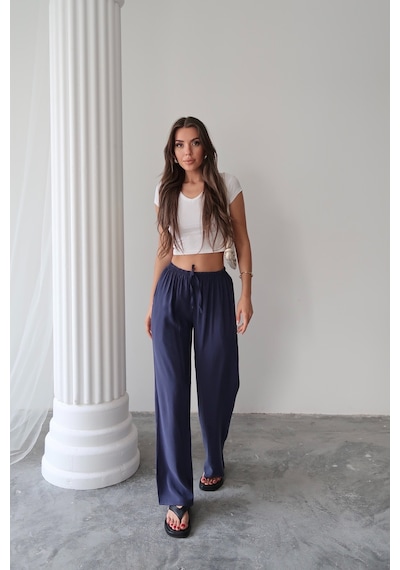 Paw Garage Kadın Cupra İnce Kemerli Bol Paça Cepli Pantolon S Lacivert Pwg020625201823