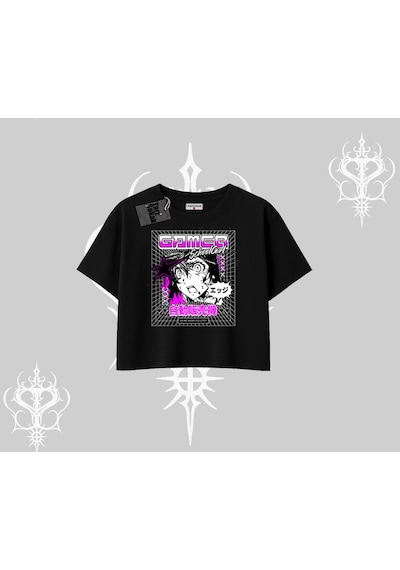Tarzsokak Oversize Crop Tshirt Games Schoolgirl Anime Baskılı Siyah