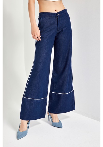 Itsbasic Kadın Lacivert Renk 7w5-50/1 Wide Leg Fit Şerit Detaylı Tasarım Denim Jean