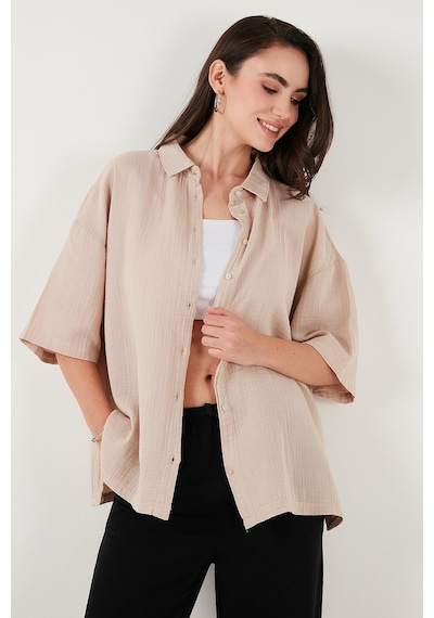 Lela Pamuklu Regular Fit Yırtmaçlı Kısa Kollu Bayan Gömlek Cf25S166965 Taş
