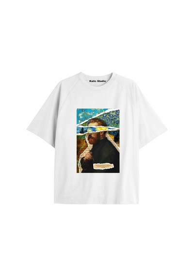 Kalic Studio Unisex Van Gogh Baskılı Oversize Tshirt Beyaz-47