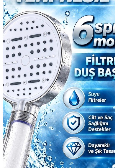 Filtreli Duş Başlığı 6 Su Modlu Geniş Panelli Silikon Nozullu Beyaz Gövde Bx-316061 Diğer