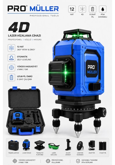 Pro Müller Profesyonel Otomatik Hizalama 12 Köşe 360 Yeşil Lazer Çizgi Hizalama Terazi Çantalı