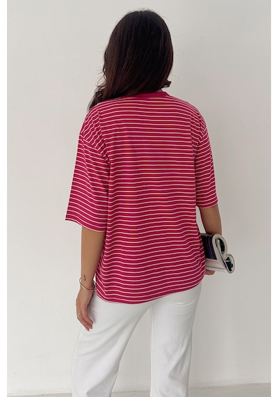 Noa & Noa Kadın Oversize Çizgili Tişört Monochrome Ease Pembe