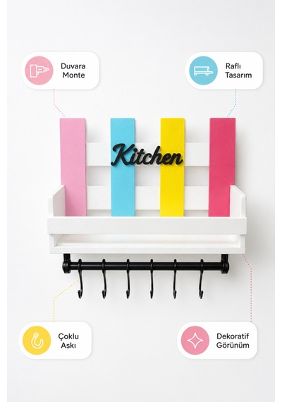 Dekoratif Kitchen Mutfak Rafı Baharatlık Ve 6 Kancalı Duvar Askısı Diğer
