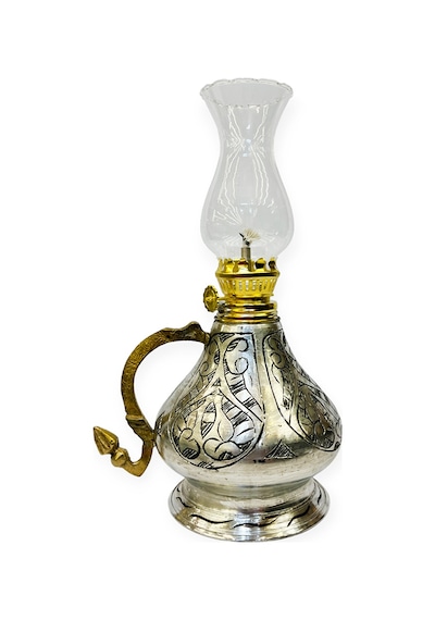 İşlemeli Bakır Gaz Lambası Küçük Boy, G10134 Gri