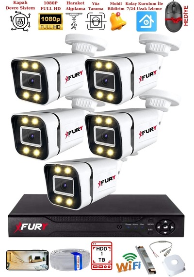 Fury 5 Kameralı 1080p Görüntü Gece Renkli Full Hd 4 X Ultra Led Gece Renkli Güvenlik Kamerası Seti 1tb