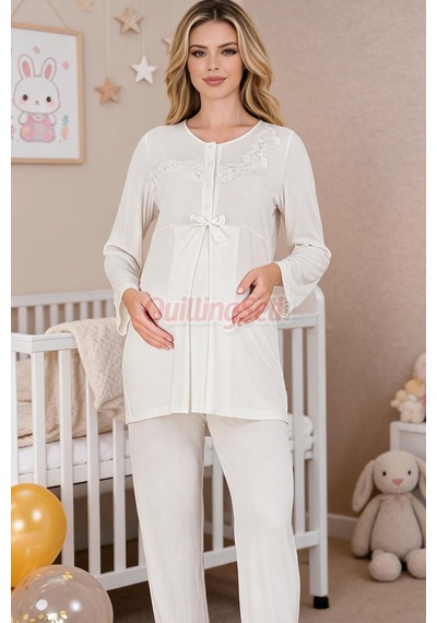 Quilling Lady Ekru Renkli, Dantel Detaylı 33209 Uzun Kol, 2 Parça Lohusa Hamile Pijama Takımı M - L