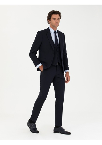 Cacharel Lacivert Slim Fit Yün Karışımlı Yelekli Takım Elbise