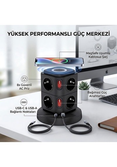 Akım Korumalı Priz Kablosuz Şarj İstasyonu 8xsoket 1xusb 2xtype-c 2 Mt Kablolu Grup Priz Çoğaltıcı 2 M