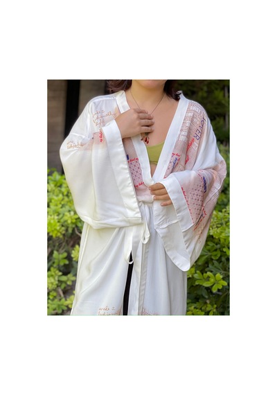 Lila Mare Çiçekli Yazılı Kimono Renkli Renkli