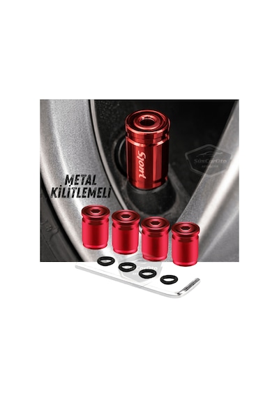 Kilitlemeli Sibop Kapağı Alyanlı Sibop Kapağı Araba Motosiklet Bisiklet Metal Sıkmalı Kırmızı 4 Lü Set 00 Şüscaroto Aksesuar