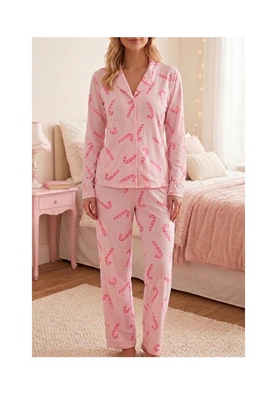 Fit Women Baston Şeker Desenli Uzun Kollu Pijama Takımı 4601 -pembe