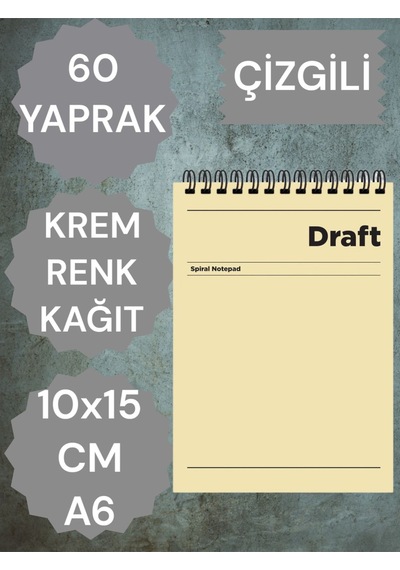 Çizgili 10x15 Cm A6 Üstten Açılır Not Defteri Krem Renk Kağıt 60 Yaprak Krem