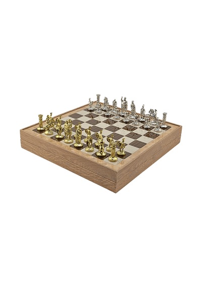 Gifthome Orta Boy Metal Roma İmparatorluğu Satranç Takımı Parlak Ve Rustik Desenli Sandıklı Mdf Tahtası 36x36x6 Cm.