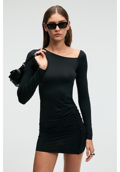 Grımelange LUKKID Kadın Esnek Kumaşlı Asimetrik Yakalı Slim Fit Siyah Elbise