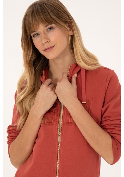 U.S. Polo Assn. Kadın Kiremit Fermuarlı Kapüşonlu Basic Sweatshirt 50307769-VR026
