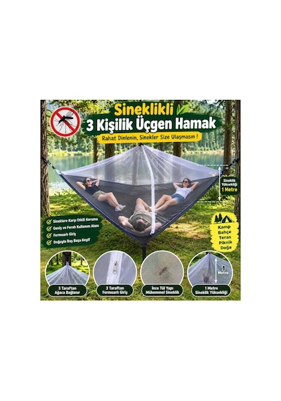 3 Kişilik Üçgen Hamak Sinekliği 1 Metre Yükseklik Fermuarlı Tül Koruyucu Sineklik Siyah