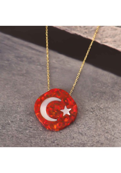 Altın Kaplamalı Opal Taşlı Türk Bayrağı Desenli Gümüş Kolye Gold - Rose Gold - Gümüş