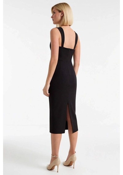 Benerly Kadın Bodycon Midi Elbise V Yaka Askılı Dokuma Finike Astarsız Dü Siyah