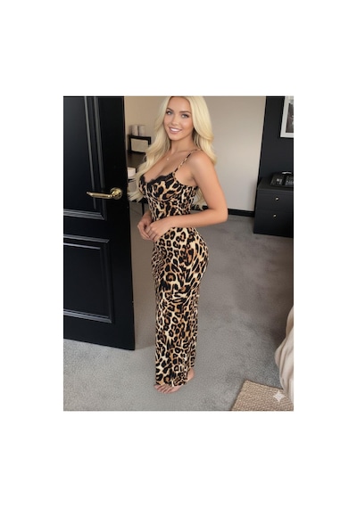 Secret De Femme Leopar Desenli Ince Askili Uzun Elbise Leopar