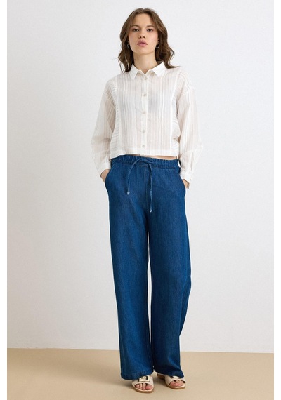 Olcay Beli Lastikli Rahat Kesim Soft Denim Pantolon Koyu Mavi 7587