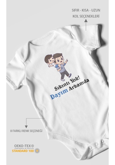 Sıkıntı Yok Dayım Arkamda Baskılı Bebek Zıbını Çıtçıtlı Body %100 Pamuk Kısa Kol Beyaz
