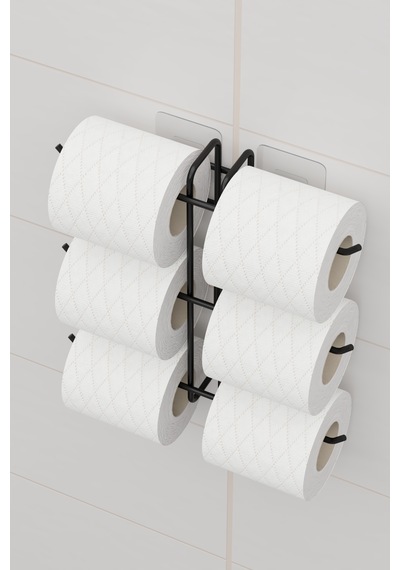 Yapışkanlı 6 Lı Tuvalet Kağıtlığı Tutacağı Askısı Mat Siyah Metal Tuvalet Kağıtlık Organizeri