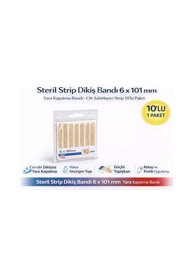 Steril Strip Dikiş Bandı 6 X 101 Mm Yara Kapatma Bandı Cilt Sabitleyici Strip 10 Lu 1 Paket