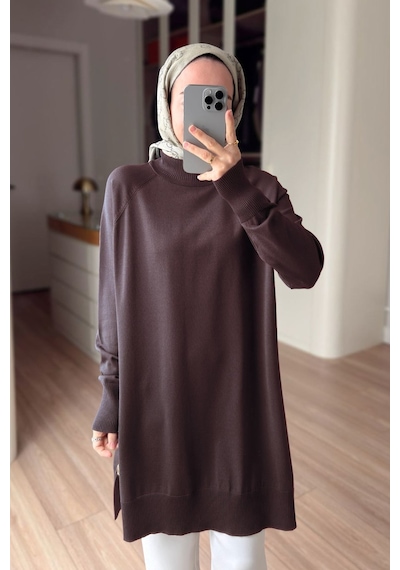 Kahijab Yan Fermuar Basic Merserize Tunik - Kahverengi