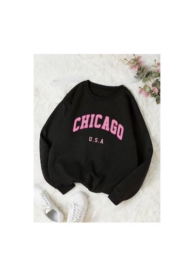 Medinenur Chicago Baskılı 2 İplik Şardonlu Bisiklet Yaka Swatshirt Siyah
