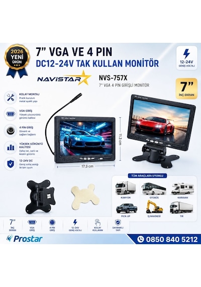 7 İnç Vga Ve 4 Pin Girişli Araç Monitörü Mobil Dvr Uyumlu 12-24v