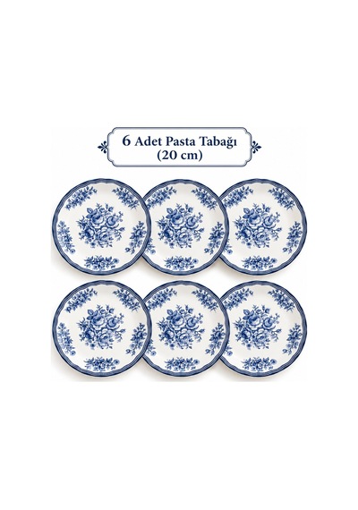 Mavi Antik 6 Kişilik Lüx Pasta Sunum Seti Pasta Tabağı 20 Cm Çok Renkli