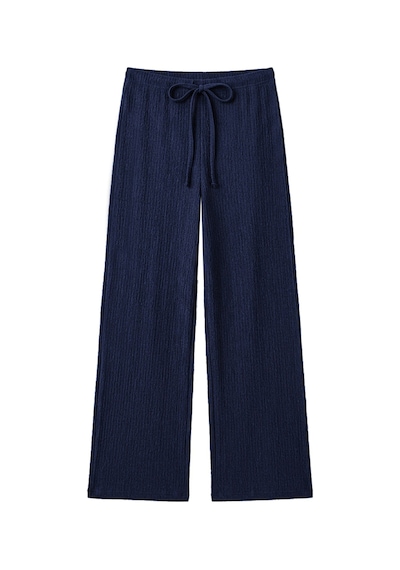 Cottonill Premium - Tide Collection Lacivert Bağcıklı Bürümcük Dokulu Bol Paça Kadın Pantolon
