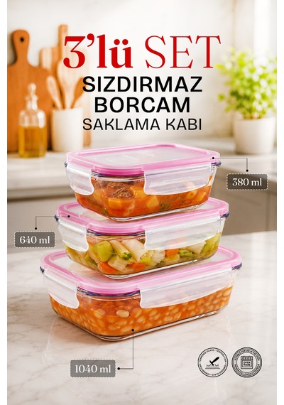 3'lü Dikdörtgen Sızdırmaz Kapaklı Kase Cam Saklama Kabı Buzdolabı Düzenleyici Fırın Kabı Borcam