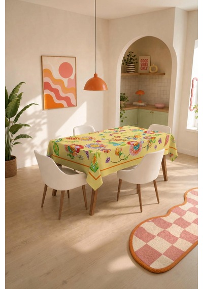 Vivanni Home Yıkanabilir Dikdörtgen Masa Örtüsü Günlük Kullanıma Uygun Pratik Ve Uzun Ömürlü Çiçekli Sarı