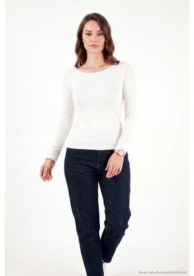 Lela Kayık Yaka Basic Uzun Kollu Bluz Kadın Bluz 5867061 Ekru