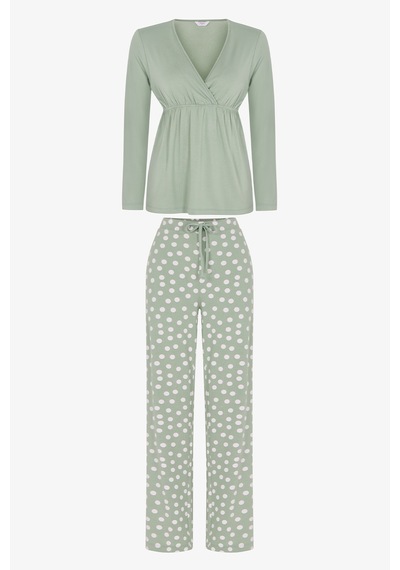 Penti Mama Puantiye Desenli Uzun Kollu Pantolon Pijama Takımı Yeşil