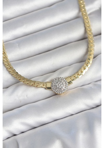 Ezme Zincir Model Zirkon Taşlı Vıp Seri Gold Renk Kadın Kolye Altın