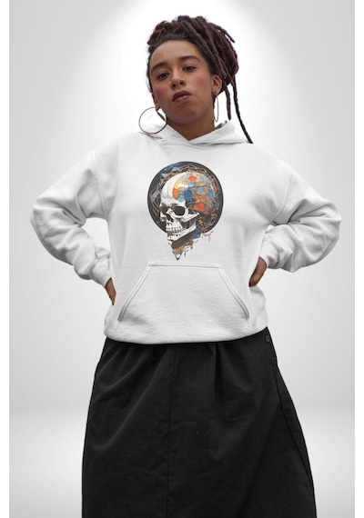 Kuru Kafa Kristal Kadın Erkek Beyaz Kapüşonlu Sweatshirt Hoodie Beyaz