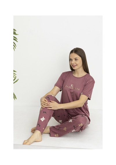 Estiva Kadın Ayıcık Alt Desenli Kısa Kollu Soft Pijama Takımı Pudra