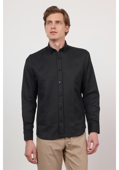 İmza Siyah Düğmeli Yaka Uzun Kol Cepsiz Slim Fit Pamuklu Gömlek 1004260203