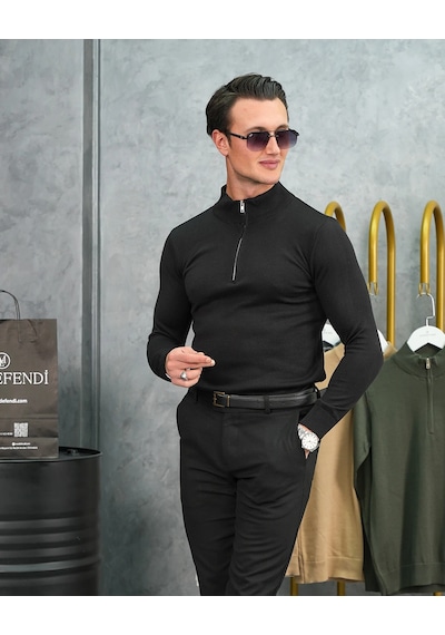 Modefendi Pamuk Likra Slim Fit Yarım Fermuarlı Kazak Siyah