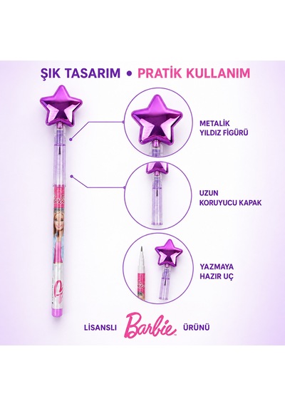 Bakgelal Barbie Yıldız Figürlü Geçmeli Silgili Kalem Eğlenceli Kırtasiye Kalemi - 9019177673314 Açık Mor