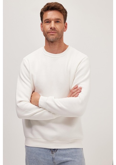 Tudors Unisex Relax Fit Rahat Kesim Pamuklu Yumuşak Dokulu İçi Polarlı Beyaz Bisiklet Yaka Sweatshirt-37292 Beyaz