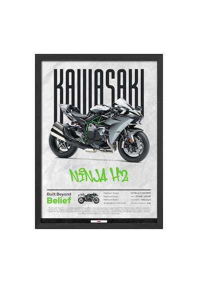 Kawasaki Ninja H2 Siyah Ahşap Çerçeveli Poster, Dekoratif Motosiklet Duvar Tablosu