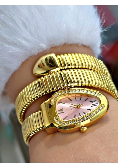Limited Edition Serisi Özel Tasarım Yılan Modeli Metal Kordon Kadın Kol Saati Pembe